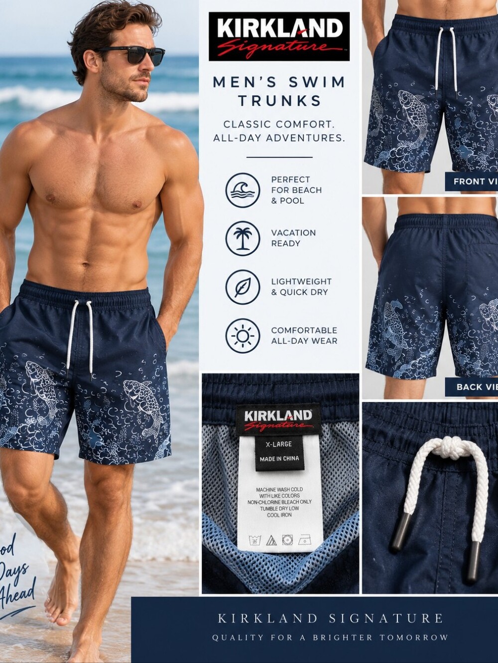 Kirkland Signature Men’s XL Navy Koi Fish Swim Trunks Board Shorts